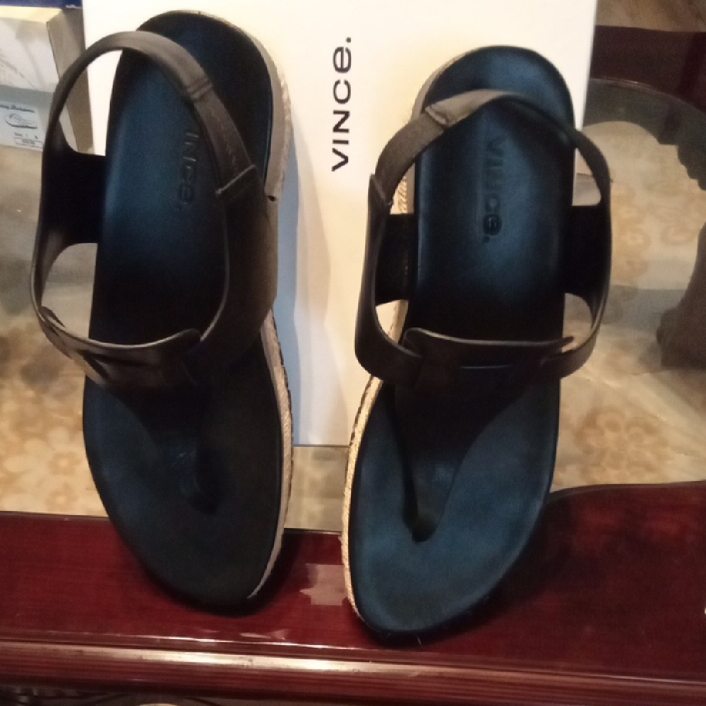 Vince Black Leather Slingback Sandals with Espadrille Trim